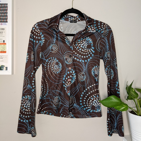 Y2K Polka Dot and Swirl Brown and Blue Blouse - Picture 1 of 4